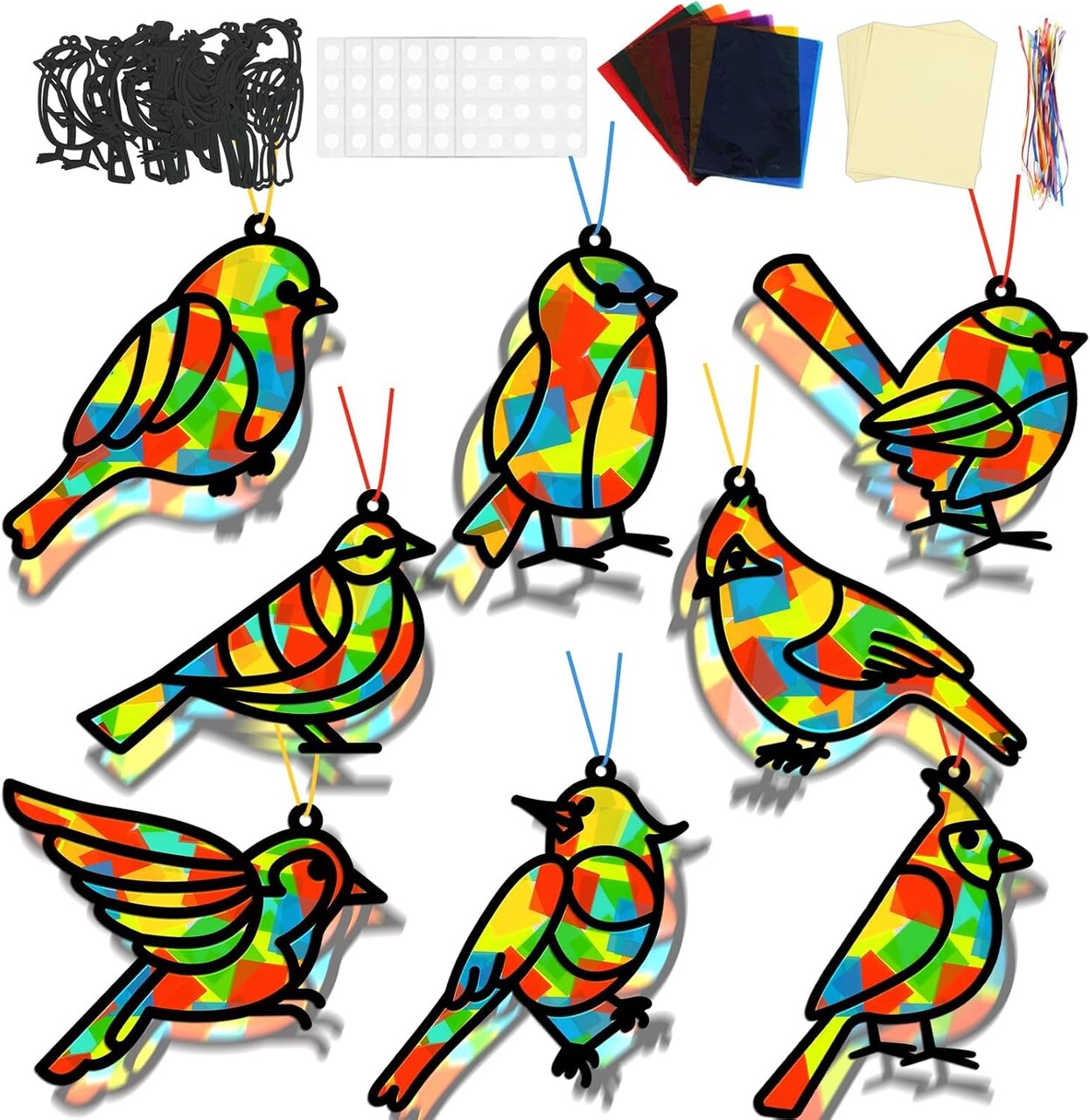 2 Sets Spring Bird Suncatchers Activity Craft Kit DIY Birds Window Stained Glass Effect Paper